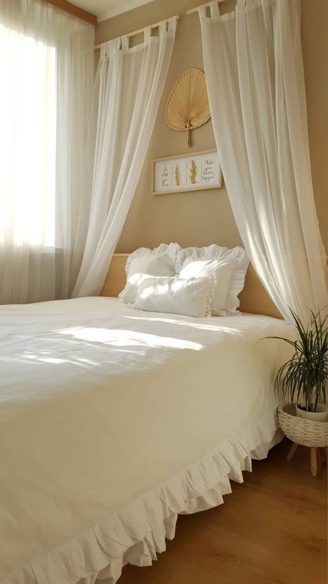 Headboard Curtains Backdrops, Diy Headboard Curtains, Curtains Behind The Bed, Bed Across Window, Curtains Behind Bed No Window, Curtains Hanging From Ceiling Over Bed, Bed Nets Ideas, Drapes Over Bed, Bed Curtains Aesthetic