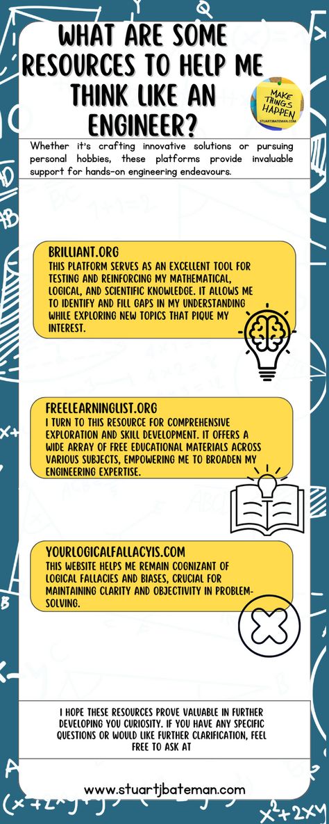 What are some resources to help me think like an engineer?
Want to know more about Engineering? Check out my blogs to learn more about the discipline and what I recommend to students and young engineers wanting to make the best start in the field. #learning #blog #professionaldevelopment Think Like An Engineer, Logical Fallacies, Right Mindset, Process Improvement, Engineering Student, An Engineer, Study Material, Always Learning, Free Learning