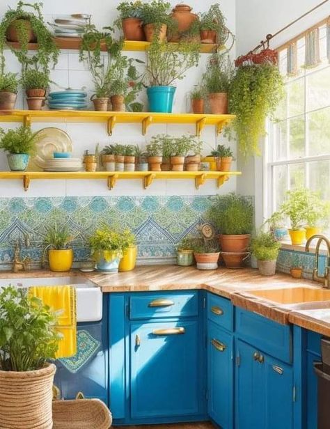 Living Room Designs Mexican Style, Yellow Eclectic Kitchen, Blue And Yellow Farmhouse Kitchen, Blue Green And Yellow Kitchen, Lemon Tiles Kitchen, Kitchen Decor Bright, Blue Yellow Kitchen Decor, Bright Farmhouse Kitchen, Light Blue And Yellow Kitchen