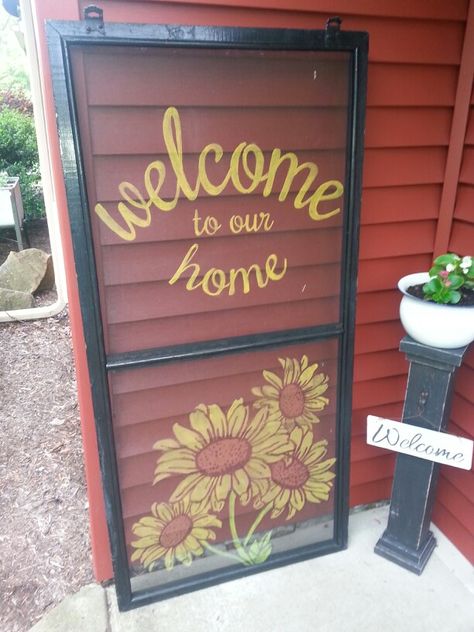 Hand painted screen. Welcome to our home with sunflowers. Painted Screen Door Ideas, Old Screen Window Ideas Diy Projects, Window Screen Painting, Screen Painting Designs, Old Screen Window Ideas, Screen Art, Painting On Screens, Painted Screens, Window Screen Ideas