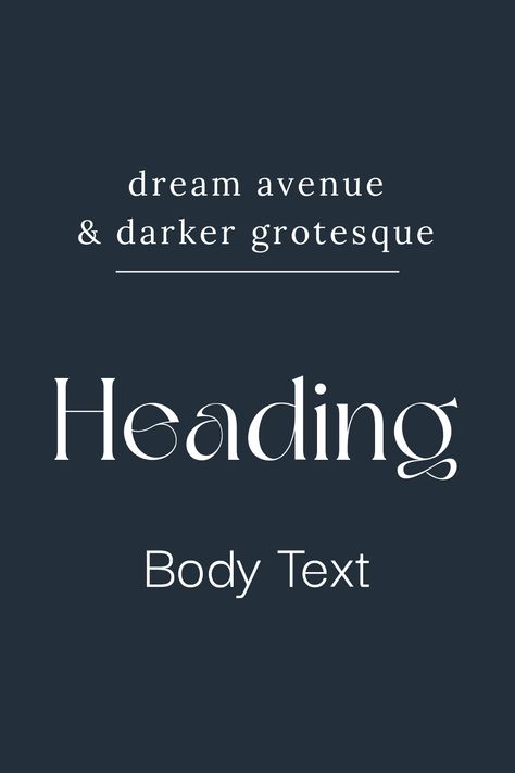 If you are in search of typography for your brand, look no further. I'm sharing 5 different font pairings that you can use for free on Canva. This font pairing, Dream Avenue as a heading font with Darker Grotesque as a body font will provide a modern and elegant look to you business. Not exactly what you're looking for? Follow the link to my blog post and perhaps you'll find your match in one of the other four pairings! Dream Avenue Font, Dream Avenue Font Pairing, Canva Font Pairing, Instagram Fonts, Font Bubble, Canva Font, Font Pairings, Business Fonts, Author Branding