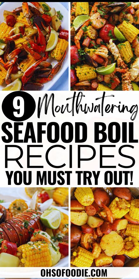 Text reads 9 Mouthwatering Seafood Boil Recipes You Have To Try Out! Large Crab Boil, Crab Bake Party Seafood Boil, Mini Shrimp Boil, Seafood Boil In A Bag In Oven, Noodles Seafood Boil, Crab Boil Stove Top, Crab Broil Recipes, Crab And Shrimp Boil Recipe, Diy Seafood Boil