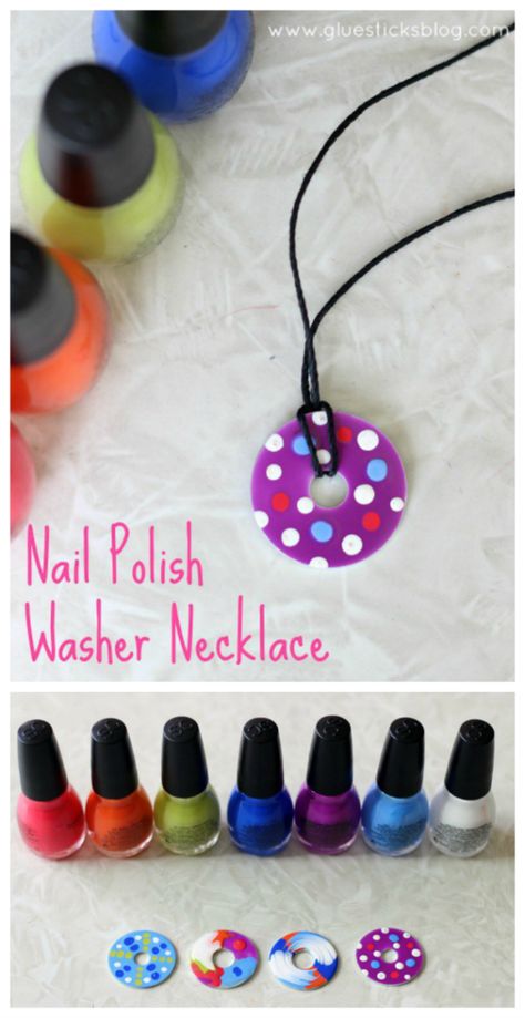 Nail Polish Craft Ideas, Metal Washer Crafts, Teen Camp Crafts, Beading Crafts For Kids, Craft Camp Ideas, Church Camp Crafts For Teens, 4 H Project Ideas For Kids, Church Camp Crafts, Washer Necklace Nail Polish