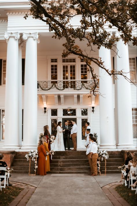 Wedding ceremony on steps. Ceremony in front of colonial home. Wedding Ceremony In Front Of House, Wedding In Front Of House, Front Porch Wedding Ceremony, Colonial Wedding, Wedding Layouts, Wedding Aesthetics, Colonial Home, Front Steps, Forest View