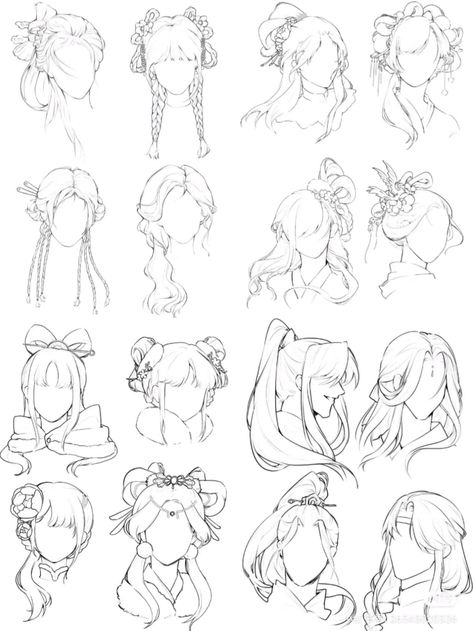 Anime Hair Braid, Long Hair Styles Drawing, How To Draw Cute Hairstyles, Dynamic Hair Drawing, Wavy Hair Styles Drawing, Royalty Hairstyles Drawing, Wavy Hairstyles Drawing Reference, Hair Styles Reference, Bubble Braid Drawing