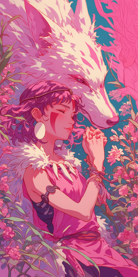 Princess Mononoke Iphone Wallpaper, Princess Monoke Art, Studio Ghibli Art Ponyo, Princess Mononoke Illustration, Pink Ghibli Wallpaper, Princes Mononoke Wallpaper, Pink Studio Ghibli Wallpaper, Studio Ghibli Pink Aesthetic, Studio Ghibli Background Wallpapers