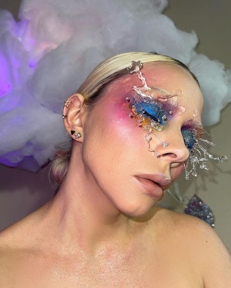 Water Drop Makeup, Colorful Creative Makeup, Rain Makeup, Sea Creature Costume, Runway 2023, Rain Droplets, Indie Makeup Brands, Indie Makeup, Runway Makeup