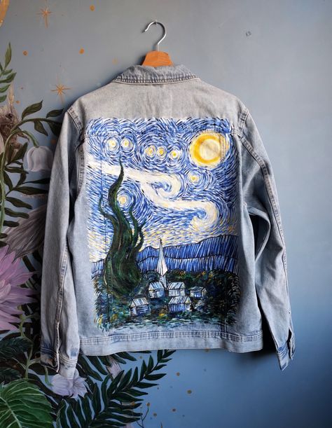 Hand Painted Denim Jacket The Starry Night Van Gogh, Stary Night Jean Jacket, Oversize Van Gogh Jean Jacket Denim Painting, Jean Oversize, Light Blue Jean Jacket, Painted Leather Jacket, Textile Paint, Hand Painted Denim, Oversize Jacket, Personalized Jacket, Hand Painted Denim Jacket