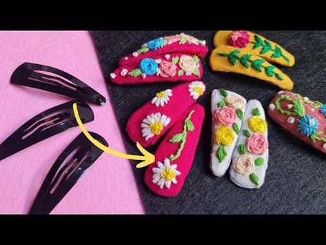 Hair Pin Diy Crafts, How To Make Embroidered Hair Clips, How To Make Embroidery Hair Clips, Hair Clip Design Ideas Diy, Embroidered Hair Clips Tutorial, Embroidery Hair Clips Diy, Hair Slides Diy, Handmade Clips Diy Hair, Hair Clips Making