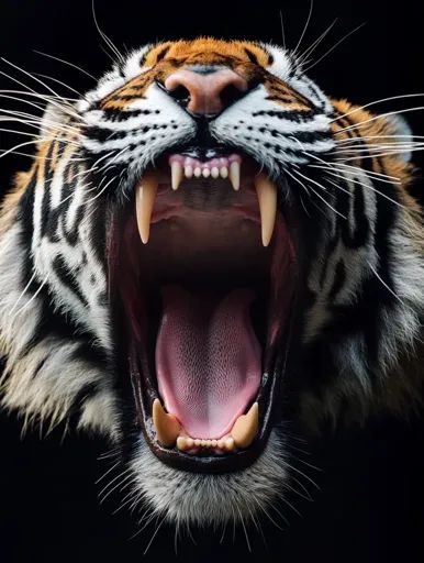 ↑↑↑ Larger size on website 🔸 A tiger's face fills the frame, its mouth wide open in a menacing roar. Its sharp teeth are bared, a Tiger Mouth Open, Mouth Wide Open, Tiger Tooth, Fill The Frame, Tiger Face, Sharp Teeth, White Tiger, Energy Drink, Tiger Lily