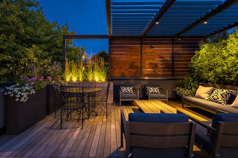 wrigleyville lakeview rooftop deck and pergola — Reveal Design Chicago Rooftop Patio Design, Outdoor Bench Seating, Deck Planters, Terrasse Design, Louvered Pergola, Terrace Garden Design, Rooftop Terrace Design, Rooftop Design, Rooftop Patio