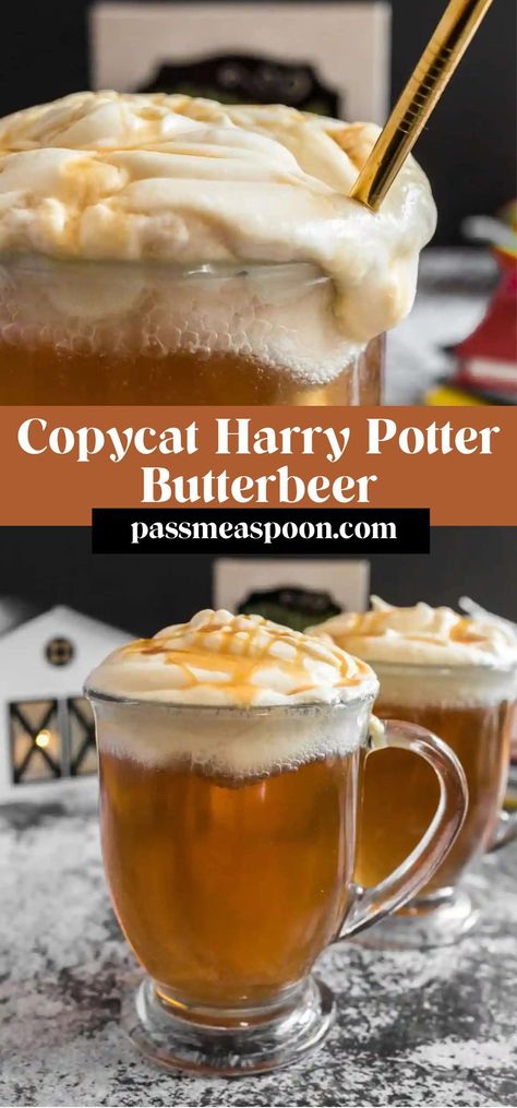 This easy, homemade Copycat Butterbeer recipe brings the Wizarding World of Harry Potter to your kitchen! The perfect treat for your next HP Movie marathon! Blast Ended Skrewts, Harry Potter Inspired Meals, Harry Potter Friendsgiving, Book Inspired Recipes, Harry Potter Baking Recipes, Harry Potter Dinner Recipes, Copycat Butterbeer, Harry Potter Party Snacks, Harry Potter Charcuterie