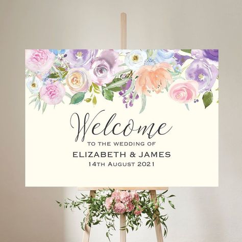 Create a storybook entrance with a beautifully written wedding welcome sign from Amazon. Pastel Wedding Welcome Sign, Pastel Wedding Signage, Pastel Color Wedding Theme, Pastel Floral Wedding, Fairytale Wedding Decorations, Pastel Wedding Decorations, Pastel Wedding Theme, Wedding Stand, Fairy Lights Wedding