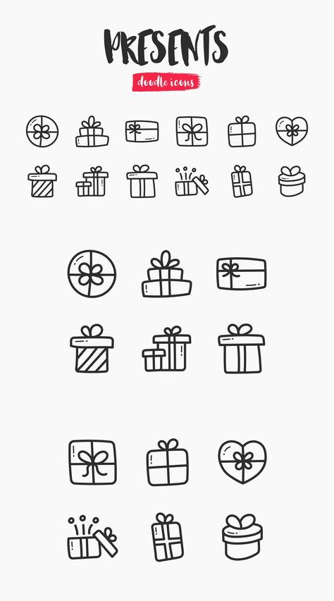 Presents Hand-Drawn Doodle Icons Present Doodle, December Doodles, Bullet Journal Icons, Ar Ideas, Gift Doodle, Small Doodles, Embroidery Journal, Whiteboard Ideas, Doodle Icons