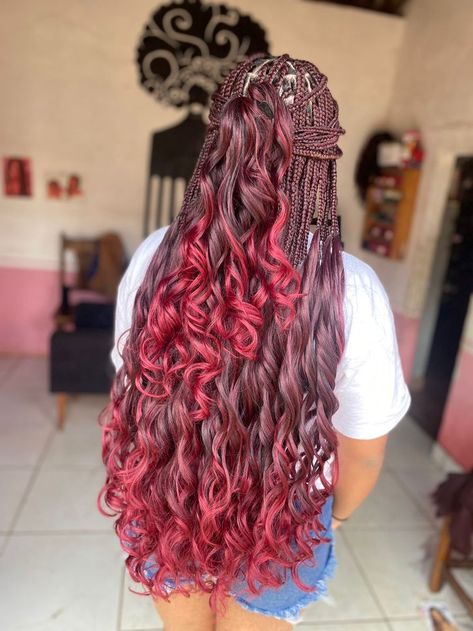 Unique Braiding Hairstyles, Red Mermaid Braids, Red Curly Braids, Red French Braids, Burgundy French Curl Braids, Red Braids With Curls, Red French Curl Braids, Red Goddess Braids, French Curls Braids