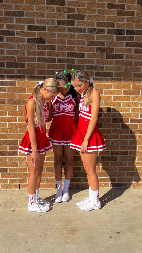 Cheerleader Aesthetic Red, Red Cheerleader Outfit, Red And White Cheer Uniforms, Chearleder Outfit Aesthetic, Sideline Cheer Uniforms, Cheer Uniform Aesthetic, Highschool Cheer Uniforms, Red Cheer Uniforms, Cheerleading Outfits Aesthetic