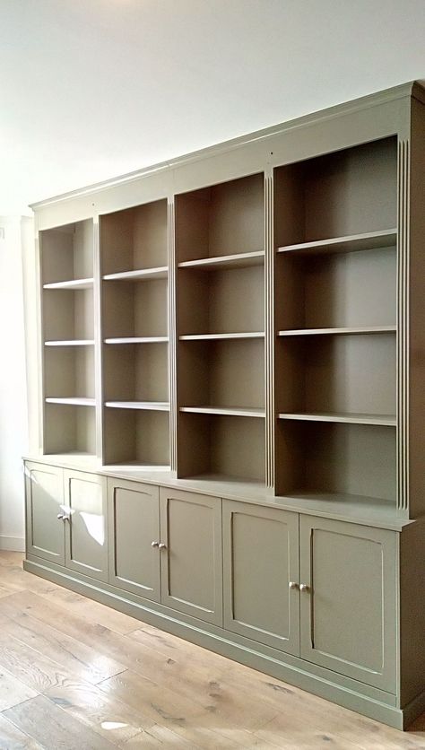 Bookcase Wall High Ceiling, Diy Floor To Ceiling Bookcase, English Cottage Bookshelves, Wardrobe With Bookshelves, Painted Shelving Unit, Study With Built In Bookshelves, Built In Shelves For Office, Bookcase Between Windows, Taupe Bookshelves