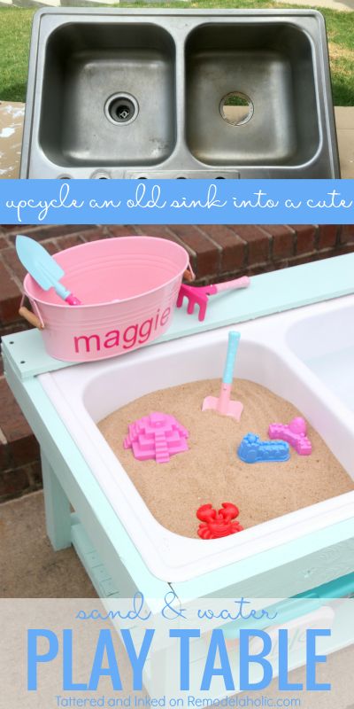 make a kids sand and water table for outdoor sensory play from an old sink, tutorial from Tattered and Inked on @Remodelaholic Outdoor Play Table, Outdoor Sensory Play, Old Sink, Outdoor Play Areas, Sand And Water Table, Kids Sand, Kids Outdoor Play, Water Table, Play Table