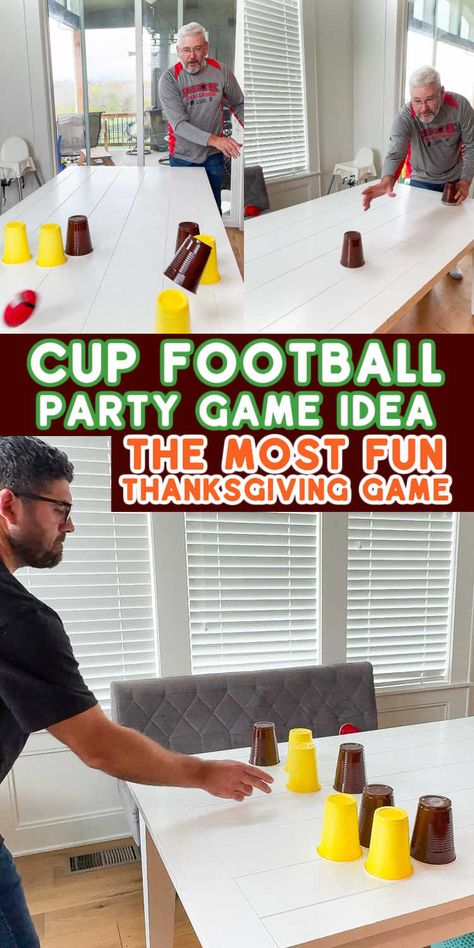 This fun cup football game is the perfect Thanksgiving game for the entire family or great for Super Bowl or any football game day parties! It's fun to kids, adults, and even teens! Superbowl Party Games For Kids, Game Day Games, Games To Play While Watching Football, Kids Football Party Games, Football Minute To Win It Games, Super Bowl Party Games For Adults, Thanksgiving Day Games For Kids, Super Bowl Games For Kids, Super Bowl Games To Play