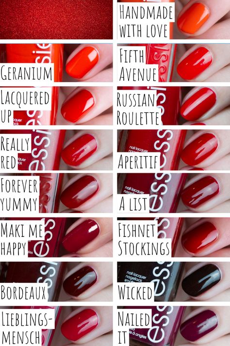 Nails 2024 Essie A List, Essie Gel Couture Swatches, Essie Geranium, Essie Russian Roulette, Essie Forever Yummy, Essie Red Nail Polish, Red Nail Polish Colors, Berry Nail Polish, Essie Wicked