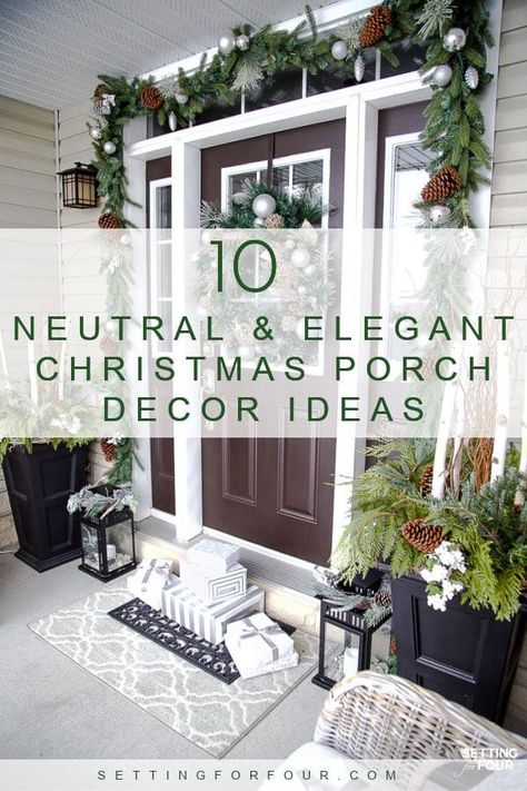 Christmas Porch Decorating Ideas Modern, Modern Christmas Porch Decor, Modern Porch Decor, Outdoor Christmas Planters, Christmas Porch Decor Ideas, Potted Christmas Trees, Christmas Apartment, Neutral Christmas, Natural Wreath