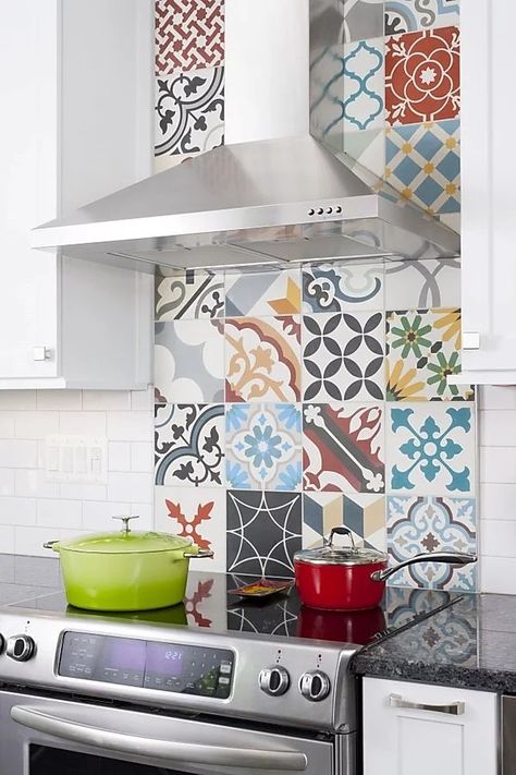 Colorful Kitchen Backsplash, Patchwork Kitchen, Trendy Kitchen Tile, Trendy Kitchen Backsplash, Colorful Tiles, Patchwork Tiles, Gorgeous Kitchens, Kitchen Tile, Kitchen Tops