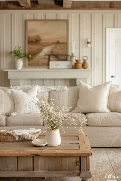 Transform your living room into a comfortable and tasteful haven with bright, modern touches. Discover inspiration and ideas to elevate your space. #LivingRoomDecor #HomeInspiration #ModernLiving #InteriorDesign #ComfortableLiving #TastefulDecor #BrightSpaces Farmhouse Living Room Color Scheme, Neutral Cottage Living Room, French Farmhouse Living Room, Modern Cottage Living Room, Farmhouse Family Room, Living Room Decor Inspiration, Cottage Living Rooms, Neutral Living Room, Dream House Interior