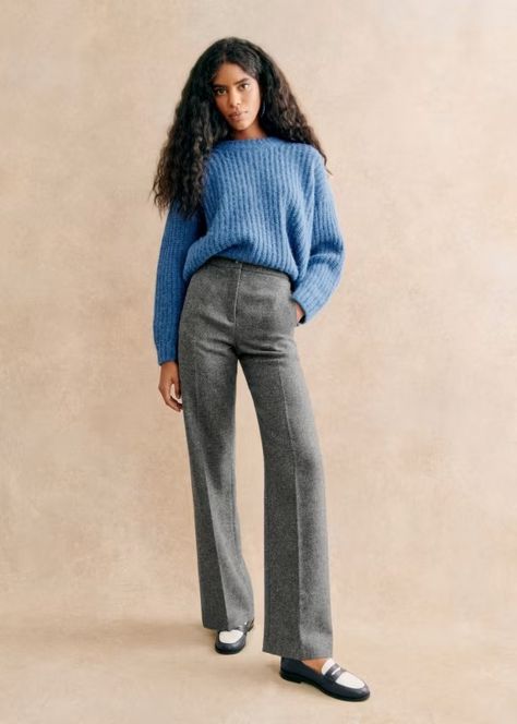 Martin Trousers - Mottled Grey - Wool - Sézane Navy Pants Outfit Work, Professional Outfits Women Summer, Grey Trousers Outfit Women, Gray Trousers Outfit, Grey Trousers Outfit, Therapist Outfit, Trousers Women Outfit, Professional Outfits Women, Winter 23