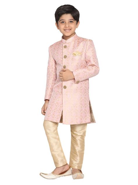 Pink Woven Silk Blend Boys Sherwani Royal Sherwani, Gold Sherwani, Kids Sherwani, Boys Sherwani, Embroidery Buttons, Kids Indian Wear, Brothers Wedding, Wedding Dresses For Kids, Zardozi Embroidery