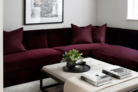 Trend Alert: Wine Coloured Interiors | Interiors Wine Sofa Living Room, Wine Red Sofa Living Room, Wine Colour Sofa Living Rooms, Dark Burgundy Sofa, Wine Sofa, Coloured Interiors, Colour Sofa, Burgendy Leather Sofa, Wine Colour