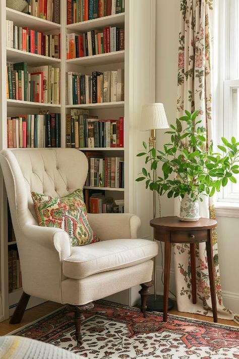 40 Reading Nook Ideas for the Perfect Cozy Corner Reading Corner With Bookcase, Small Living Room Bookcase, Small Apartment Living Room Bookshelves, Book Reading Area Cozy Nook, Bookshelf In Small Living Room, Corner Bookshelves Ideas, Library In Living Room Small Spaces, Bookcase Ideas For Small Spaces, Reading Nook With Bookshelves