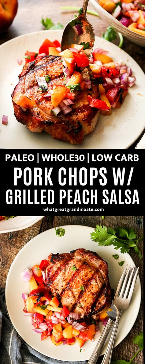 Nothing screams summer like these easy paleo pork chops served with the most refreshing grilled peach salsa. Comes together in less than 30 minutes and it's a delicious and juicy combo! #paleo #whole30 #lowcarb #paleogrilling #whole30grilling #30minutemeals #easywhole30meals Paleo Pork Chops, Low Carb Pork Chops, Paleo Pork, Low Carb Pork, Peach Salsa, Summer Recipes Dinner, Easy Paleo, Paleo Whole 30, Paleo Dinner