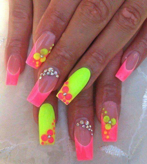 Bright Neon Acrylic Nails Summer, Nails With Flowers, Nail Art Acrylic, Neon Nail Designs, Neon Nail Polish, Vacation Nails, Nails Fall, Pink Acrylic Nails, Neon Nails