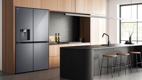 637L French Door Fridge, with Water & Ice Dispenser, in Matte Black Finish - GF-L700MBL | LG NZ Black Fridge Kitchen, Two Door Fridge, Kitchen Area Ideas, Lg Fridge, Black Fridge, Black Fridges, French Door Fridge, Fridge Lg, Tall Fridge