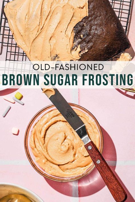 Brown Sugar Frosting Old fashioned brown sugar frosting, just like Grandma's. This recipe needs just 5 ingredients and is cooked before whipping for a perfect texture. Burnt Sugar Cake, Brown Icing, Brown Butter Icing, Brown Sugar Icing, Brown Sugar Frosting, Vegan Buttercream, Chocolate Mayonnaise Cake, Brownie Frosting, Sugar Frosting