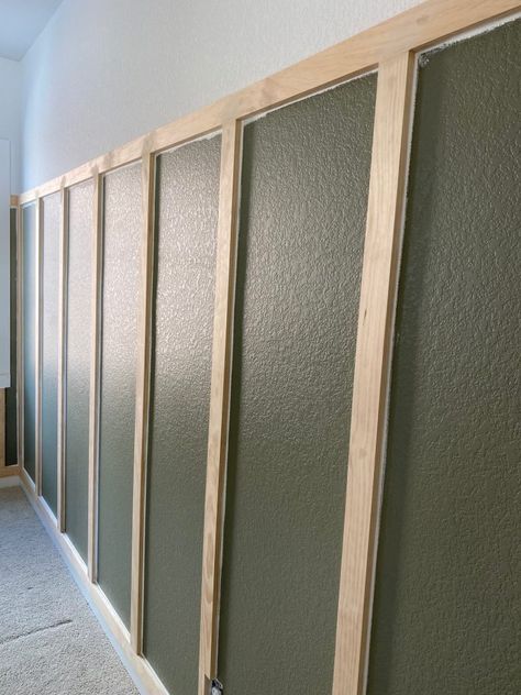 Simple Board And Batten, Batten Diy, Muted Sage, Wall Moulding, Batten Wall, Board And Batten Wall, Workout Room, Window Casing, House Updates