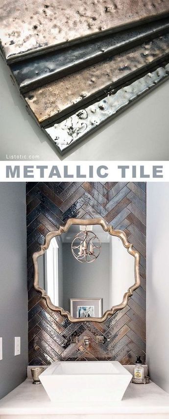 Metallic tile! Beautiful and creative tile ideas for kitchen back splashes, master bathrooms, small bathrooms, patios, tub surrounds, or any room of the house! | Listotic.com Tile Ideas For Kitchen, Metallic Tile, Tub Surrounds, Back Splashes, Creative Tile, Master Bathrooms, Ideas For Kitchen, Tub Surround, Metal Tile