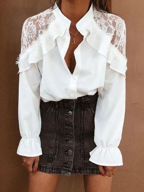 Stylewe Long Sleeve White Women Tops Vintage Polyester Daily Tops Shirts For Women Stylish, Women Work Blouse, White Top Women, Women Blouses Fashion, Fashion Tops Blouse, Pretty Blouses, Blouse Work Designs, Chic Me, White Blouse