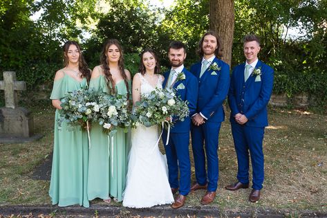 Blue Suit With Green Dress, Groomsmen In Green, Bridesmaid Dresses And Groomsmen, Medium Blue Suit, Green Theme Wedding, Blue Tuxedo Wedding, Bright Blue Suit, Blue Groomsmen Suits, Groom Blue Suit