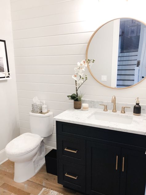 Room Bathroom Ideas, Bathroom Shiplap, Powder Room Bathroom, Farmhouse Powder Room, Shiplap Bathroom, Powder Room Decor, Black Vanity, Downstairs Bathroom, Basement Bathroom