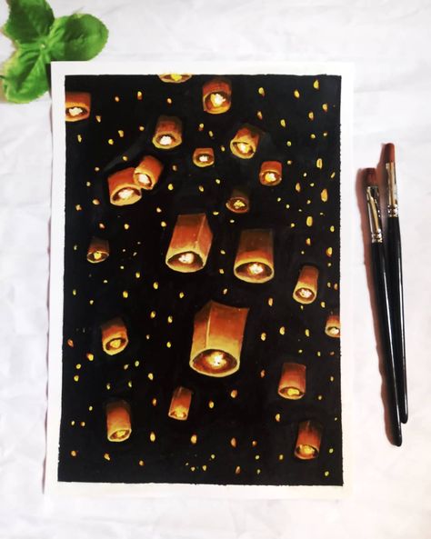 Asthetic Paintings Easy On Paper, Diwali Painting Canvas, Diwali Painting Ideas, Sunrise Art Painting, Diwali Painting, Gouache Illustration, Light Festival, Sunrise Art, Sky Lanterns