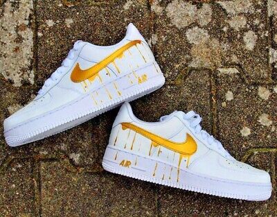 ad eBay - Nike Air Force 1 Custom Hand Painted White Shoes Metallic Gold Drip Swooshes Art - Buy Now, click the link (eBay) Custom Nike Air Force 1, Custom Nike Air Force, Painted Nikes, Nike Air Force 1 Custom, Gold Drip, Drip Design, Unique Sneakers, Air Force 1 Custom, Custom Air Force 1