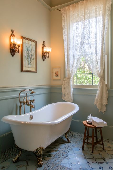 This vintage-style, clawfoot tub creates a serene and luxurious escape in your home. Discover how antique fixtures and lacy curtains can provide modern bathroom ideas for an elegant yet classic design. #BathroomInspo #VintageVibes Claw Footed Bathtub, Cottage Bathroom Clawfoot Tub, Clawfoot Tub Modern Bathroom, Historic Bathroom Ideas, Clawfoot Tub Storage Solutions, Claw Tub Bathroom, Clawfoot Tub Bathroom Vintage, Clawfoot Tub Shower Combo, Claw Foot Tub Bathroom