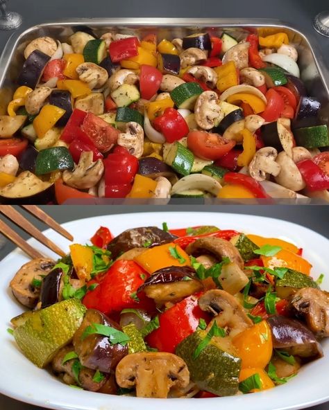 Delicious Roasted Vegetable Medley  May 28, 2024 by Emily  This is a very tasty dish, so be sure to try this recipe. The combination of aubergine, zucchini, paprika, mushrooms, and tomatoes, seasoned with garlic and Provencal herbs, creates a flavorful and aromatic meal. The addition of soy sauce, balsamic vinegar, and a hint of sugar enhances the natural sweetness of the vegetables.    Ingredients:  1 aubergine  1 zucchini  2 paprikas  300 grams mushrooms  2 onions  3 tomatoes  6 cloves garlic  50 ml veget Zucchini Paprika, Roasted Vegetable Medley, Aubergine Recipe, Broccoli And Potatoes, Zucchini Tomato, Roast Zucchini, Roasted Vegetable Recipes, Roasted Onions, Vegetable Medley