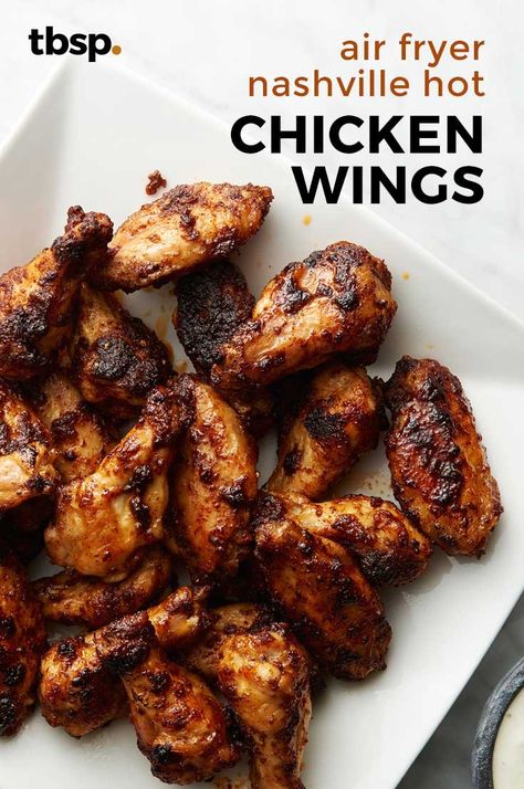 Step up your game day with these easy air-fryer chicken wings that bring the heat without the hassle. They're spicey in the best way! Chicken Wingettes In Air Fryer, How Long To Cook Wings In Air Fryer, Air Fried Chicken Wings From Frozen, Plain Chicken Wings In Air Fryer, Game Day Wings Air Fryer, Nashville Hot Chicken Wings, Air Fryer Nashville Hot Chicken, Chicken Wings Air Fryer, Air Fryer Fully Cooked Frozen Chicken Wings