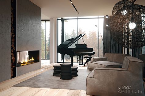 HOUSE in WROCLAW on Behance Modern Parlor Room Ideas, Piano Room Design, Grand Piano Living Room, Grand Piano Room, Piano Room Decor, Piano Living Rooms, Home Music Rooms, Piano Decor, Piano Room