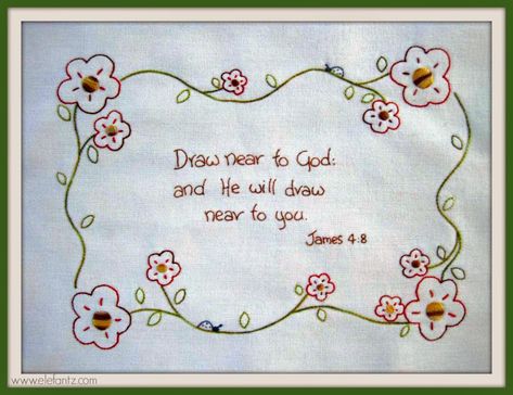 Scripture Embroidery, James 4 8, Sunday Scripture, Redwork Patterns, Head Cold, James 4, Crewel Embroidery Kits, Redwork Embroidery, Hand Embroidery Patterns Flowers