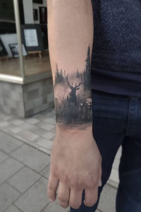 Forearm Tattoos For Guys, Natur Tattoo Arm, Elk Tattoo, Outdoor Tattoo, Scottish Tattoos, Wood Tattoo, Stag Tattoo, Wildlife Tattoo, Hunting Tattoos