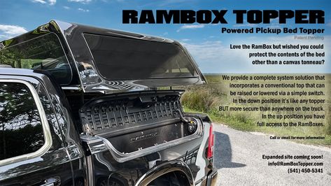 RamBox Topper is a powered pickup truck bed topper. RAM Trucks with the RamBox System permits the truck cap can be raised to access to the RamBox Truck Topper Ideas, Ram 1500 Overland, Truck Bed Toppers, Ram 1500 Overland Build, Leer Truck Caps, Cb Radio Truck, Truck Bed Caps, Truck Shells, Truck Bed Bike Rack