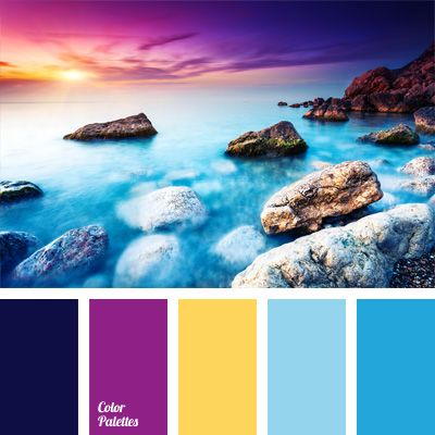 Sunset at Sea is really a fascinating spectacle. Most daring combination of colors, however, looks organically: lemon yellow, cornflower blue, purple, indi In Color Balance, Beach Shade, Color Palette Ideas, Wall Living Room, Color Schemes Colour Palettes, Summer Shades, Palette Ideas, Indigo Colour, Montage Photo